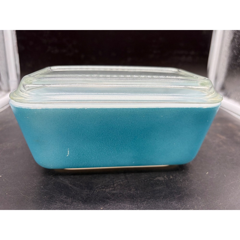 Vintage Pyrex 502 Turquoise Blue Refrigerator Dish‎ with Clear Ribbed Glass Lid